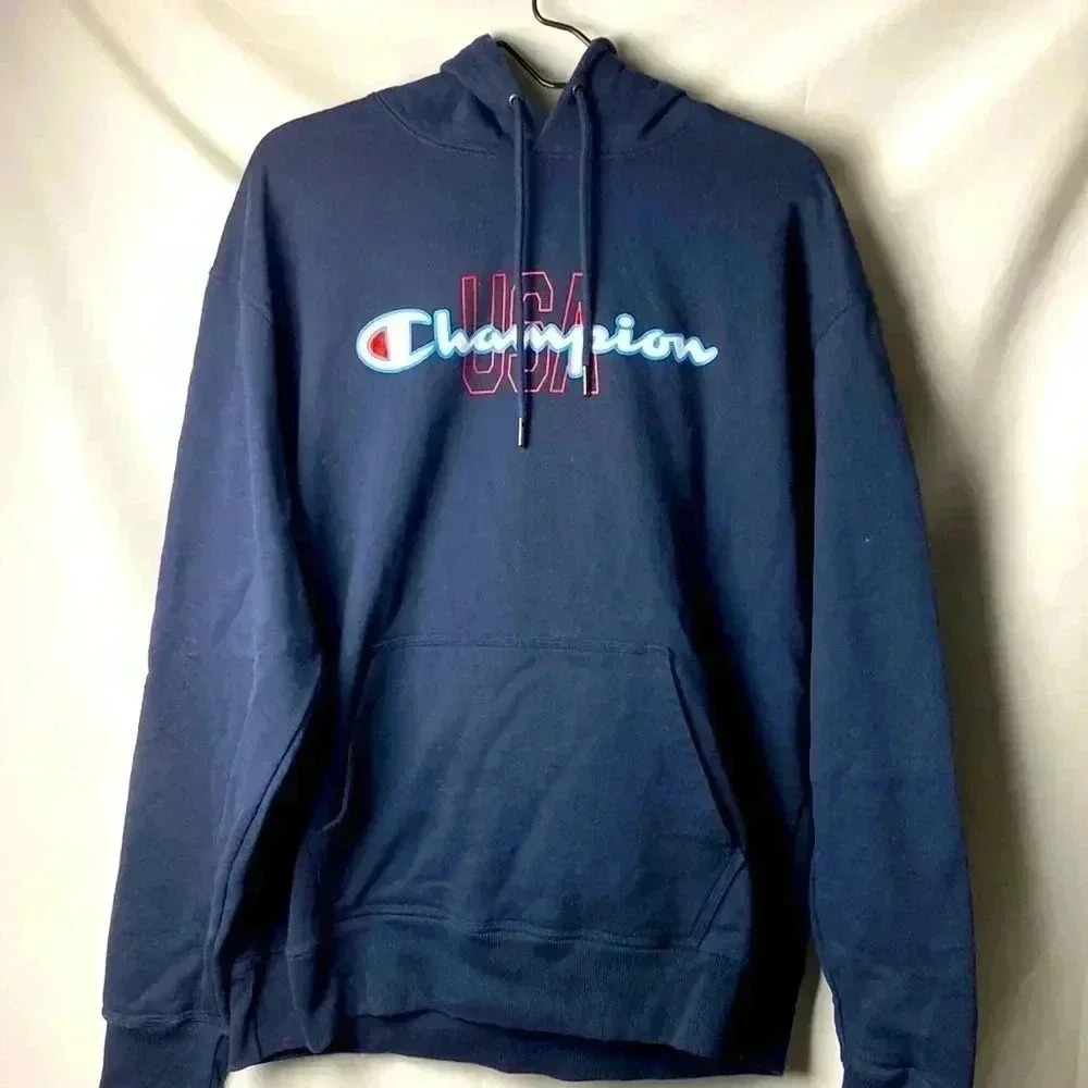 CHAMPION MENS LARGE HOODED PULLOVER SWEATSHIRT DRAWSTRING POCKETS USA DESIGN‎